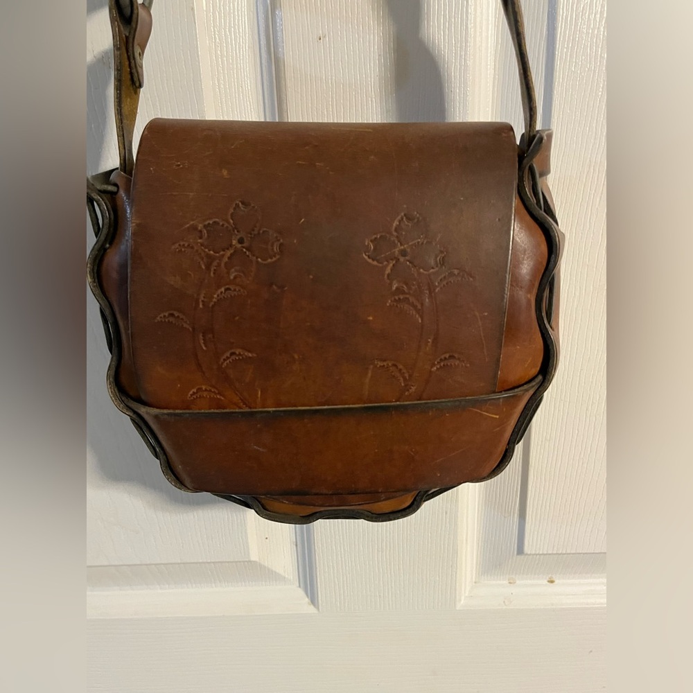 Chestnut Brown Tooled Leather Shoulder Bag